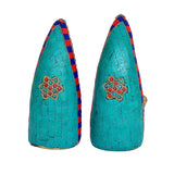 Brass elephant-tooth Ganesh and Lakshmi idol, back view, turquoise mosaic, 7.5 in