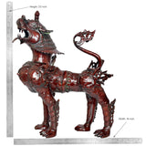 Temple lion statue, metallic dark red-brown finish, 23-inch height shown with ruler