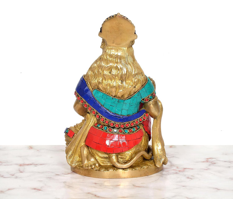 Brass Hanuman Ji Sitting Murti in Blessing Posture with Gada (Height: 9.5 inch)