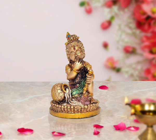 Resin Bal Krishna Laddu Gopal Makhan Chor Idol Krishna Janmashtami Decorative Laddu Gopal | Pooja Home Decor Mandir | (Height 2.5 Inch)