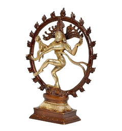 Dancing Lord Shiva Nataraj brass idol, side view with ornate halo ring