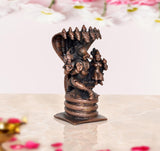 Lakshmi Varaha copper statue rear three-quarter view, detailed serpent canopy and base