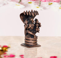 Lakshmi Varaha copper statue rear three-quarter view, detailed serpent canopy and base