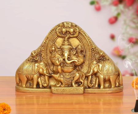 Brass Gaja Ganesha with Elephants Idol (Height 5 Inch)