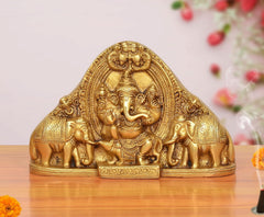 Brass Gaja Ganesha idol with elephants, 5 inch, golden finish