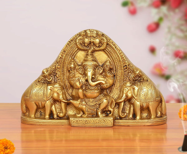 Brass Gaja Ganesha with Elephants Idol (Height 5 Inch)