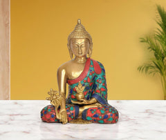 Brass Bhumisparsha Buddha statue, seated posture with multicolor patterned robe