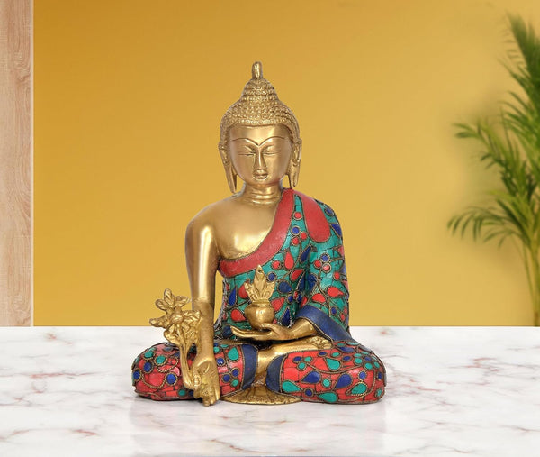 Brass Bhumisparsha Mudra Buddha Statue (Height 8 Inch)