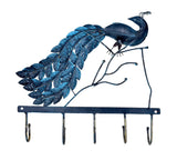 Iron blue peacock wall key hanger with long feather tail and five hanging hooks