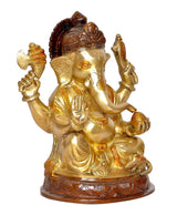 Brass Lord Ganesha idol seated with four arms, gold finish and carved base