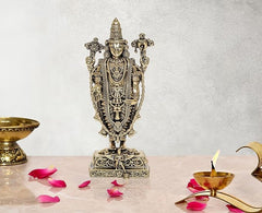 Brass Tirupati Bala Ji idol statue with ornate crown and four-armed pose on base