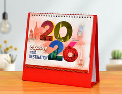 Table calendar 2026, red base, spiral binding, “Explore Your Destination” front cover