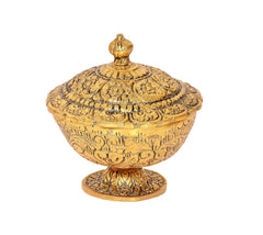 Gold polished metal dry fruit bowl with decorative lid and pedestal base