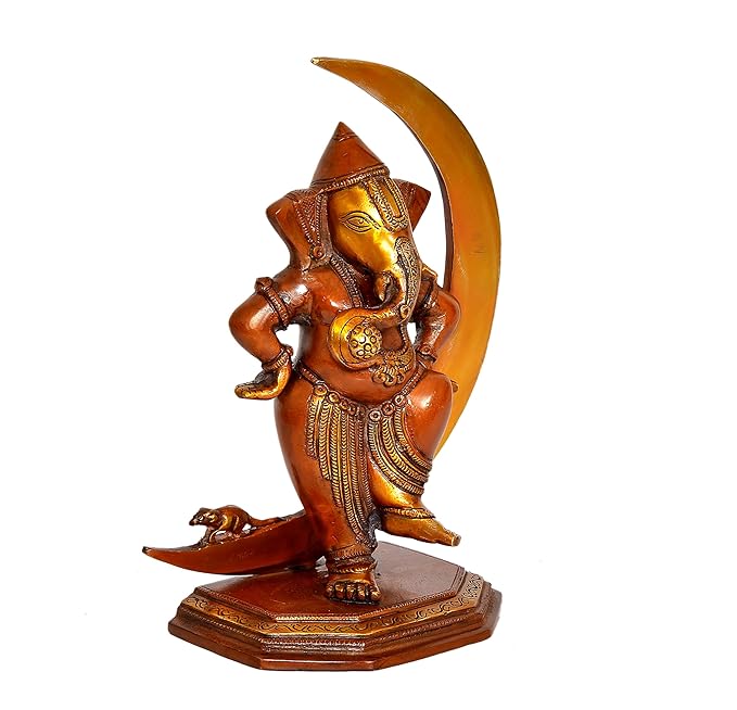 Brass Lord Ganesha Idol Statue Ganesh on Moon Decorative Sculpture for Home Office Temple Showpiece (Height 10 Inch)