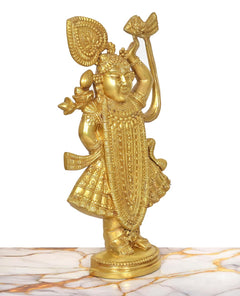 Brass Shreenathji statue from side, golden patterned dress and round pedestal base