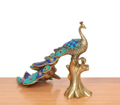Brass peacock showpiece, side angle with multicolor tail segments and jeweled look