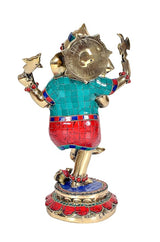 Back view of Dancing Ganesha brass idol, sunburst medallion, teal and red patterned outfit