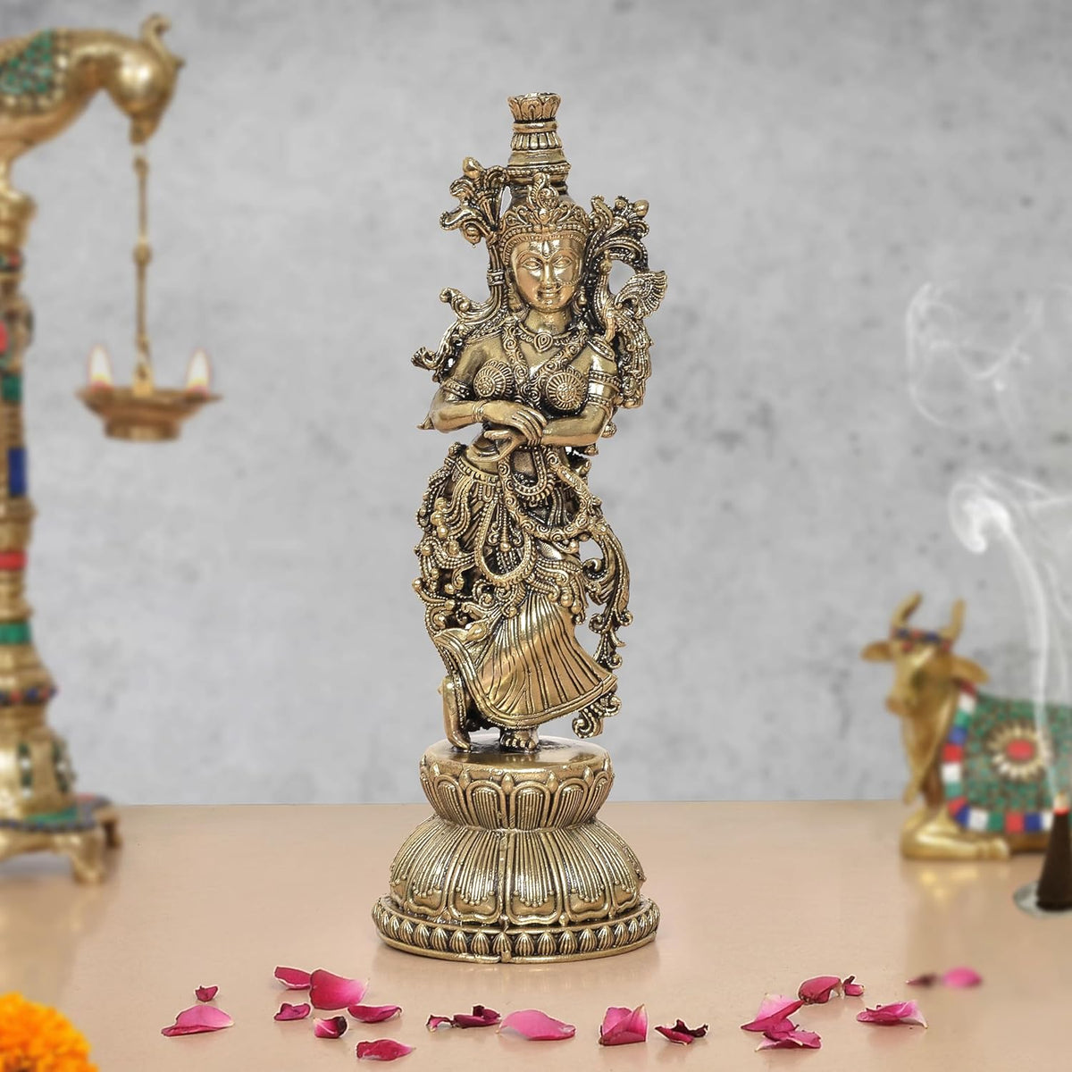 Superfine Brass Radha murti statue, seated with ornate crown and jewelry, 9 in height