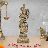Superfine Brass Radha murti statue, seated with ornate crown and jewelry, 9 in height