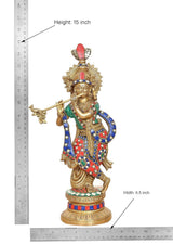 Brass Krishna flute idol with height 15 in; width 6.5 in