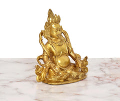 Brass Kuber Bhagwan murti, seated side view, ornate jewelry and ornaments, 5 inch