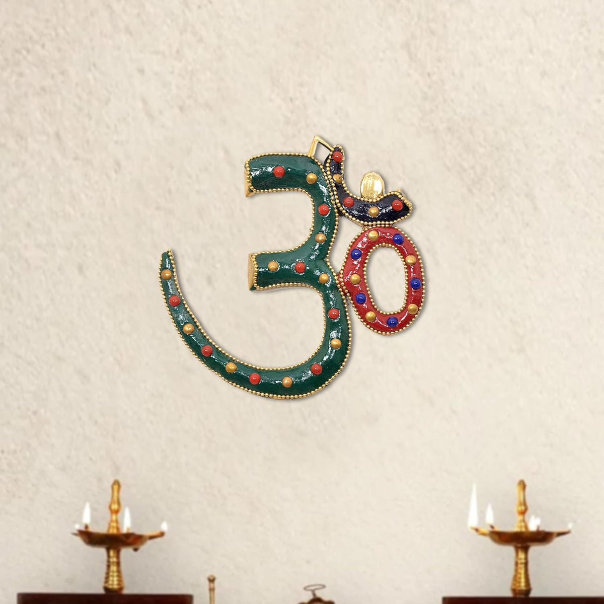 Multicolor OM wall hanging: green enamel with red/blue bead details