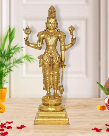 Brass Big Size Lord Vishnu Standing Idol (Height: 37 Inch)