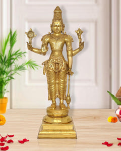 Brass Lord Vishnu standing idol with four arms, holding chakra and staff, 37 in