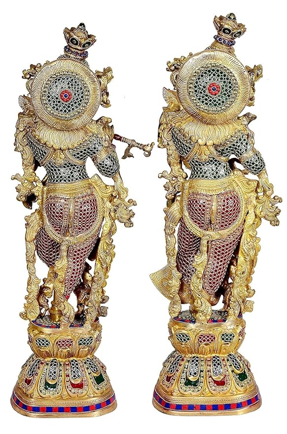 Brass Radha Krishna Statue Idol On Base for Home Decor Temple | Height : 30 Inches | Pair |