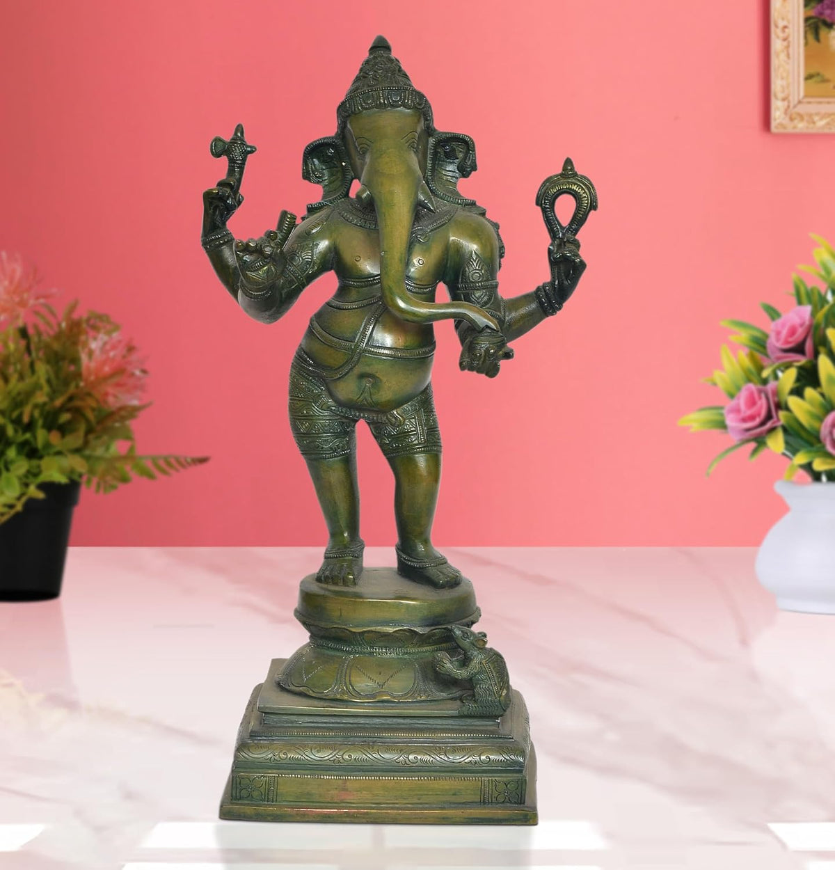 Brass standing Lord Ganesha idol, four arms, decorative temple sculpture, 18 in