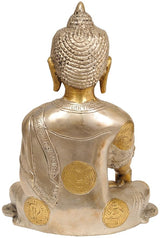 Brass Buddha statue, back view, seated, engraved robe with round medallions