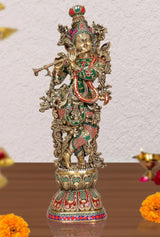 Brass Krishna sculpture, detailed standing figure with colorful green and red attire