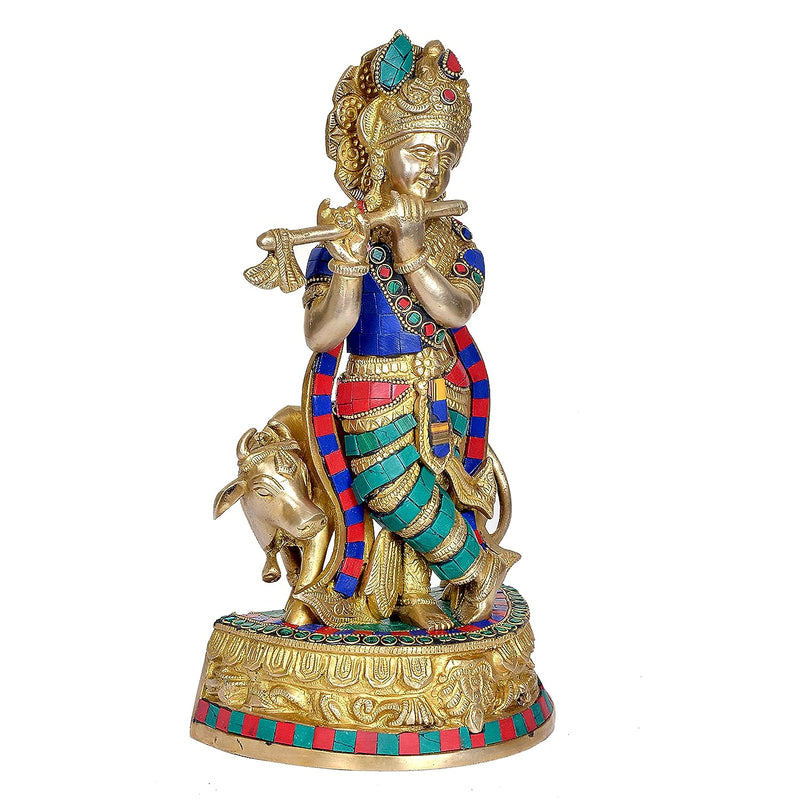 Brass Standing Krishna with Cow Idol Statue Murti, Height 12.5 inches