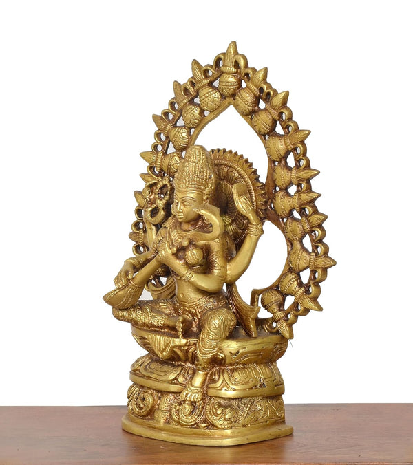 Brass Maa Saraswati Statue Handcrafted Hindu Goddess Saraswati Idol for Home Decor and Pooja Statue (Height 10.5 Inch) Study Setting