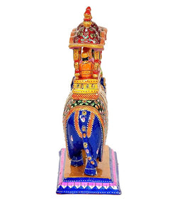 Hand-painted wooden elephant figurine viewed from behind, ornate red top, 10-inch