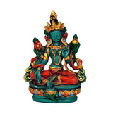 Front view Green Tara resin statue: teal seated deity with gold ornaments, red seat, 15 cm