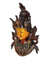 Brass Tara wall hanging mask, close profile view with ornate crown and jewelry