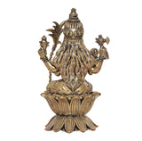 Brass Rajarajeshvari idol, back view with flared headdress, holding staffs, lotus base 4 in