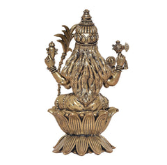 Brass Rajarajeshvari idol, back view with flared headdress, holding staffs, lotus base 4 in