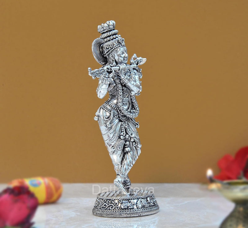 Bronze Lord Krishna Idol Figurine Sculpture Playing Flute Statue, for Home Decor Mandir Pooja Decorative Showpiece, (Height 6.5 Inch)