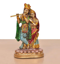 Resin Radha Krishna idol—front view of flute-playing couple, ornate crowns and robes
