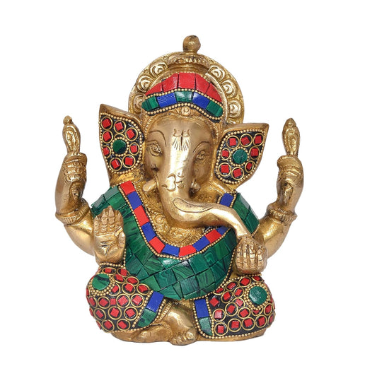 Brass Lord Ganesha Idol Ganesh Statue Decorative Sculpture for Home Decor Office Mandir Pooja Showpiece (Height 5.5 Inch) (Ganesha Multicolor)