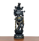 Lord Krishna brass figurine, back view with circular halo, playing flute, 12 inch