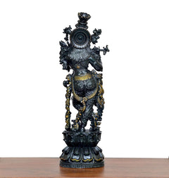 Lord Krishna brass figurine, back view with circular halo, playing flute, 12 inch