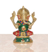 Brass Ganesha statue sitting pose, green torso with floral ornaments and raised hands