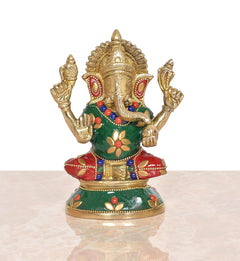 Brass Ganesha statue sitting pose, green torso with floral ornaments and raised hands