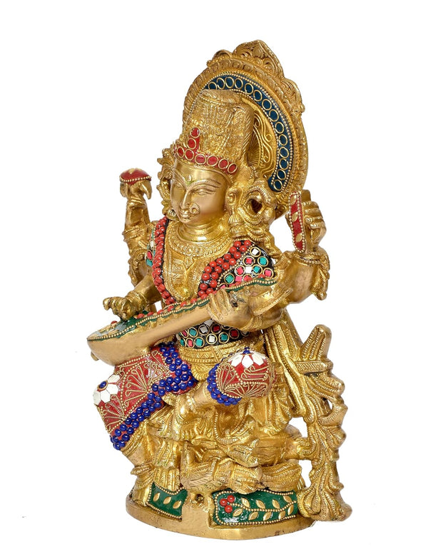 Brass Maa Saraswati Statue - Handcrafted Hindu Goddess Saraswati Idol for Home Decor and Pooja (Height 13 Inch) Study Setting