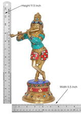 Brass Krishna playing flute idol statue, 11.5 in height and 5.5 in width