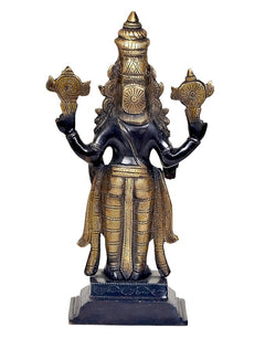 Brass Tirupati Balaji idol from back view, dark blue body with gold patterned waist cloth