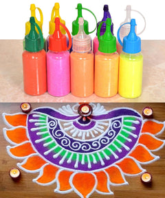 Rangoli powder bottle set and floral rangoli design on a table